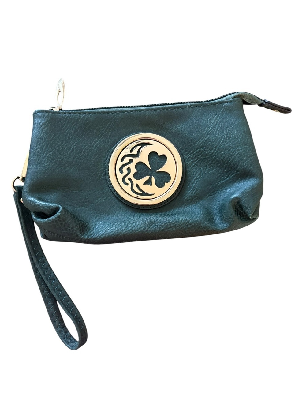 Emerald Green Leather Wristlet Clutch with Celtic Gold Medallion